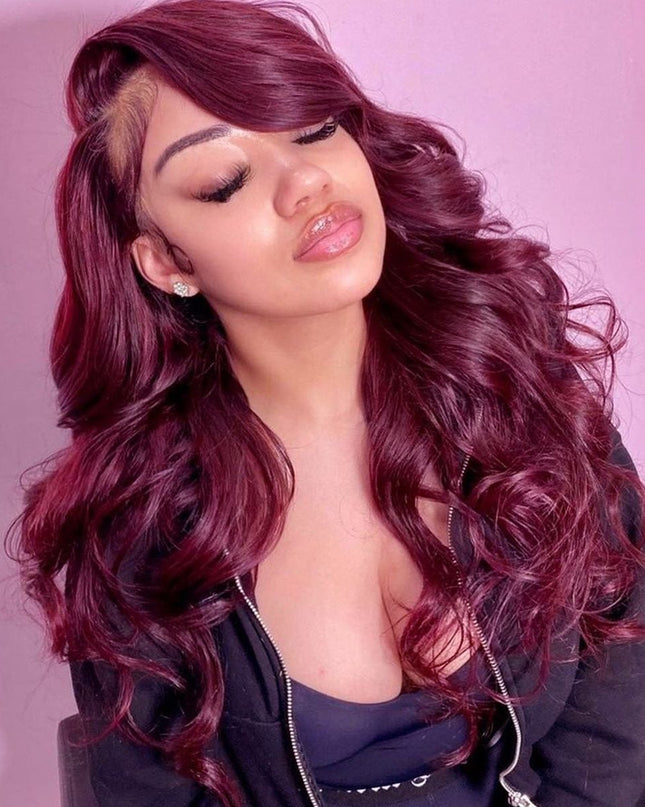 99J Color Burgundy Straight / Body Wave Wig Lace Front Wig Flash Sale junoda