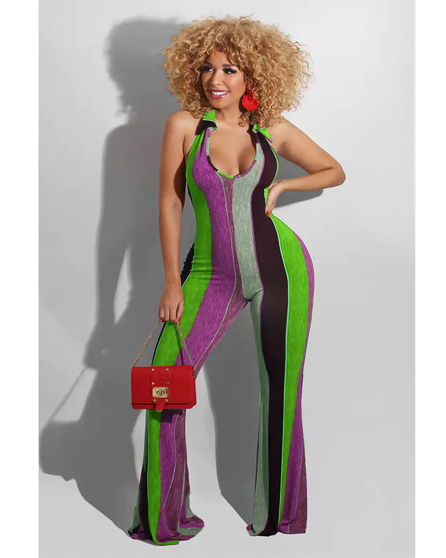 Striped Halter Jumpsuit with Horns for a Bold Look