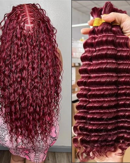 Junoda Hair #99j Burgundy Deep Wave Bulk Human Hair For Braiding No Weft Boho Braids Hair Extensions junoda
