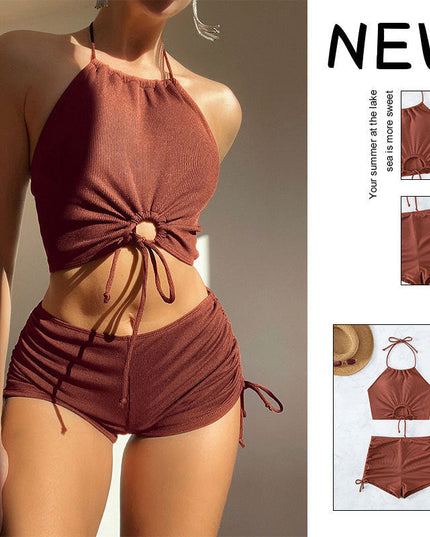 Summer Halter Neck Bikini Suit Fashion Drawstring Design Ins Style Swimsuit For Womens Clothing