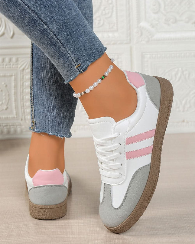Pink Striped Patchwork Sneakers: Stylish women's lace-up shoes by Shewin, comfortable PU leather casual footwear.
