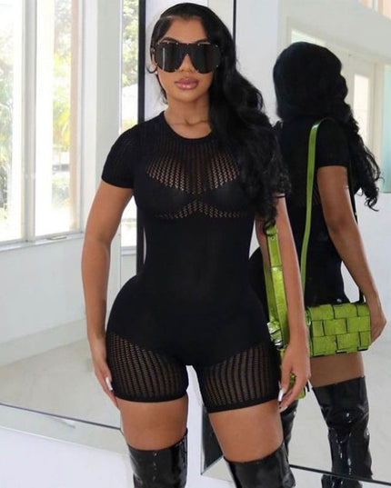 Women's Zipper Hollow-out Tight Hip Lifting Knitted Short Romper
