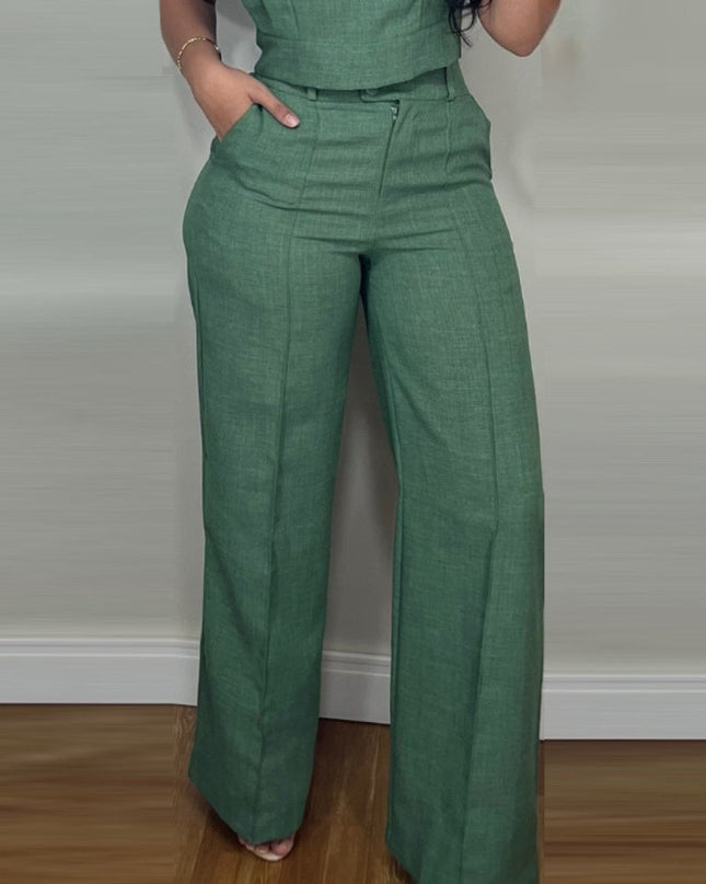 Summer Sleeveless Suit Fashion Round Neck Vest Top And Pocket Straight Pants Casual Trousers Set For Women Clothing