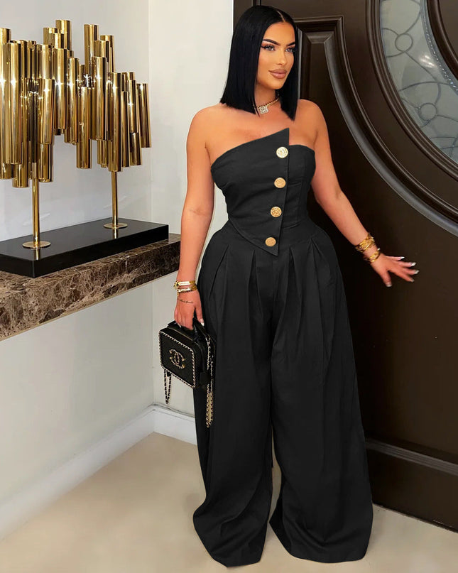 Sexy Tube Top Sleeveless Metal Button Wide Leg Jumpsuit