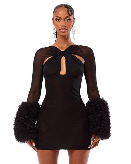 Mesh Cross Hollow-out Long Sleeve Plush Sleeve Slim-fit Sheath Dress