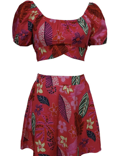 Flower Print Bubble Sleeves With Exposed Navel Short Top, Pleated Short Skirt Set