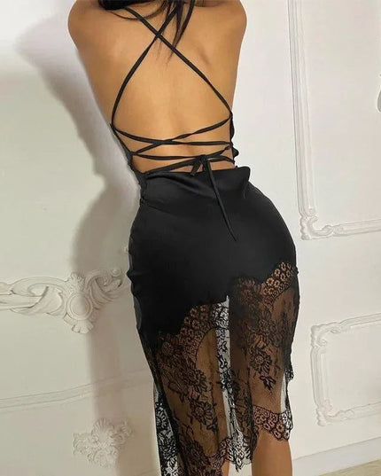 Carmen Black Lace Strap Satin Midi Dress
