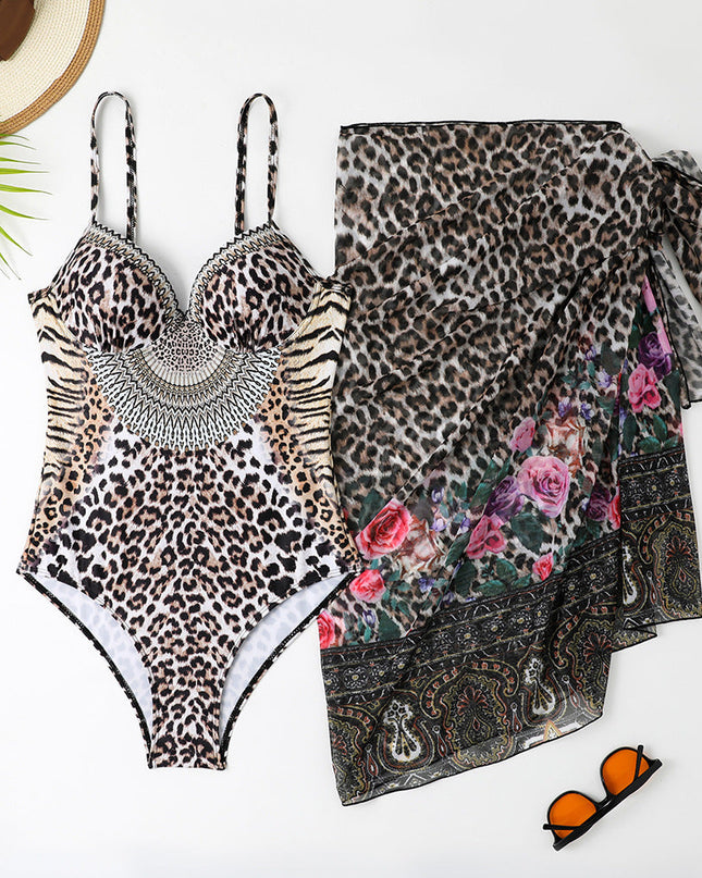 Leopard Print Casual One-piece Swimsuit Mesh Long Cover up