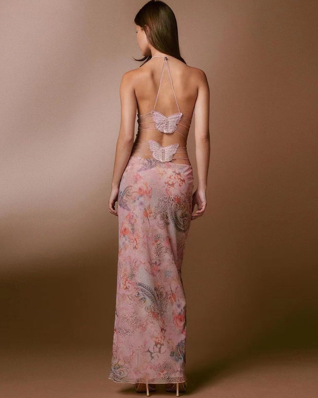 Floral Print Halter Spaghetti Straps Dress Sexy Slim Butterfly Back Dressess Spring Summer Womens Clothing