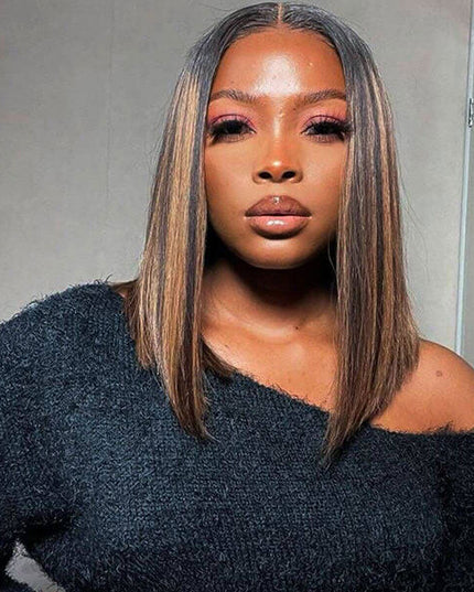 Junoda Highlight Honey Blonde on Brown Hair P4/27 2x6 Lace Straight Bob Wig Fast Shipping junoda
