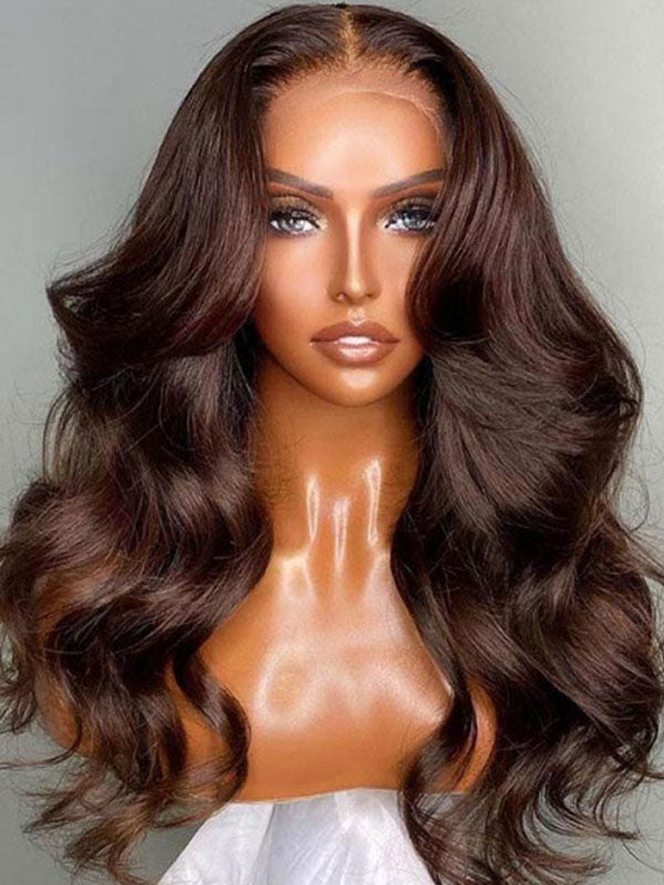 Junoda Chocolate Brown Body Wave Human Hair Wig Color 4 Chestnut Brown Frontal Wig junoda