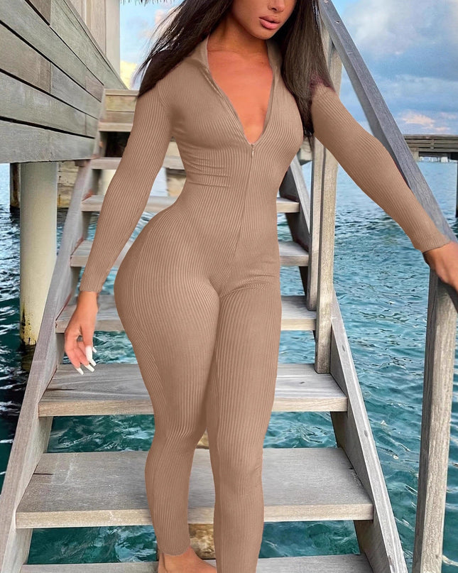 Casual Ribbed Zip-up Jumpsuit Long Sleeves