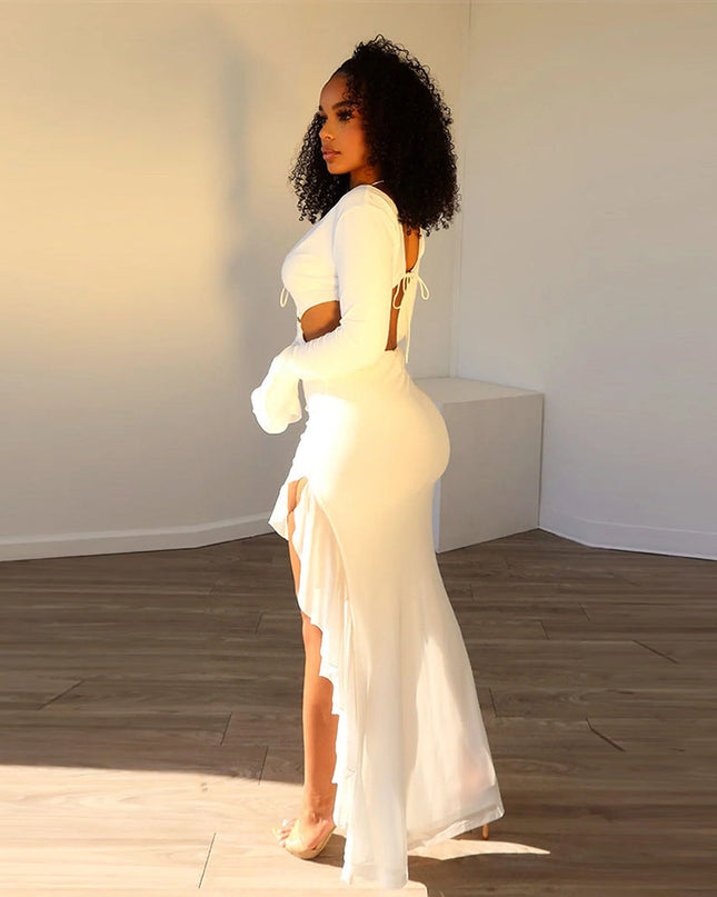 Women's Chest-wrapped Long Sleeve V-neck Lace-up Long Dress