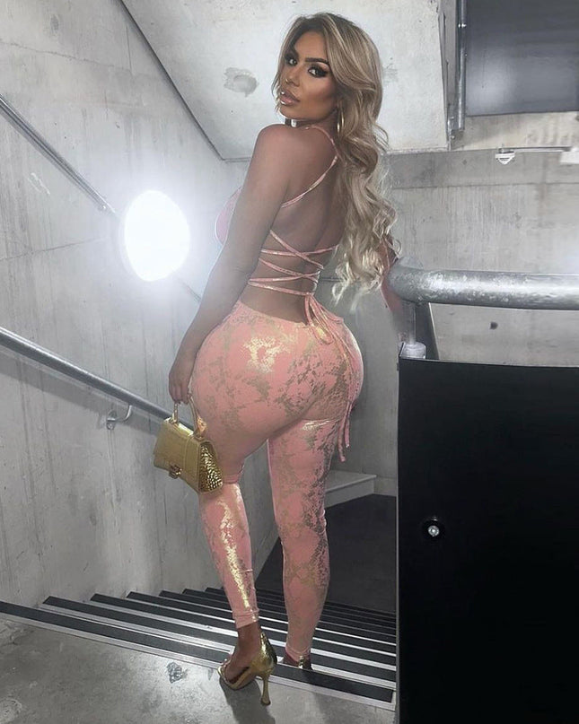Sleeveless Backless Sexy Hot Girl Style Strap Metallic Gloss Jumpsuit