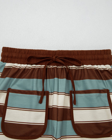 White Stripe Button Polo Collar Tee Drawstring Elastic Waist Patchwork 2pcs Short Set