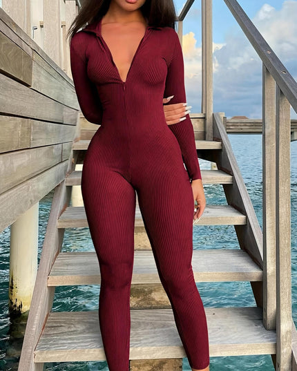 Casual Ribbed Zip-up Jumpsuit Long Sleeves