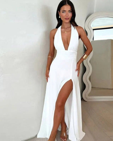 Spring New Women's Style Hanging Neck V-neck Slit Long Solid Color Dress