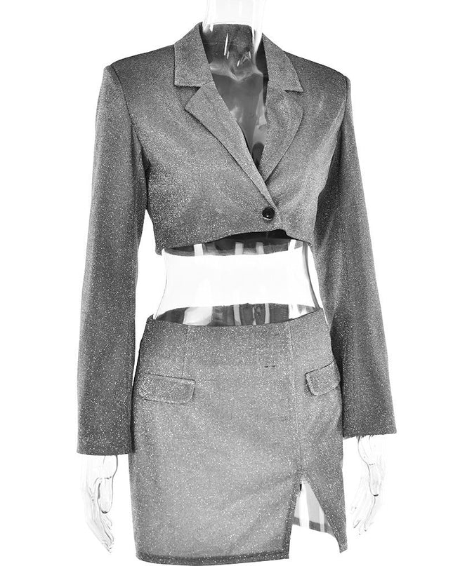 V-neck Long Sleeve Shiny Top Skirt Two-piece Suit