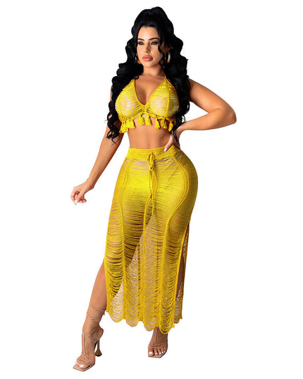See-through Tassel Knitted Beach Skirt Suit
