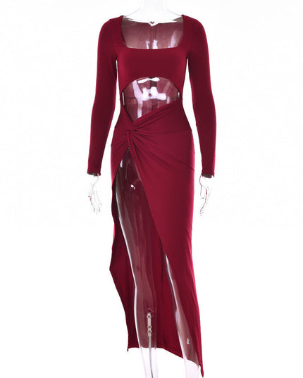Womens Clothing Long Sleeve Dress Fashion Hollow U-neck Split Dress Party Wedding