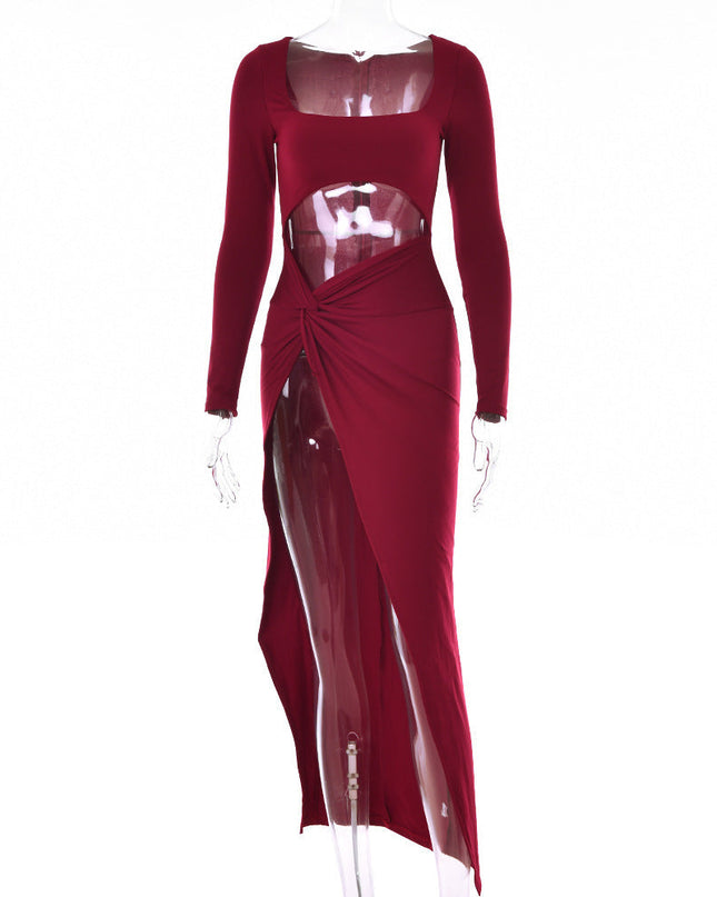 Womens Clothing Long Sleeve Dress Fashion Hollow U-neck Split Dress Party Wedding