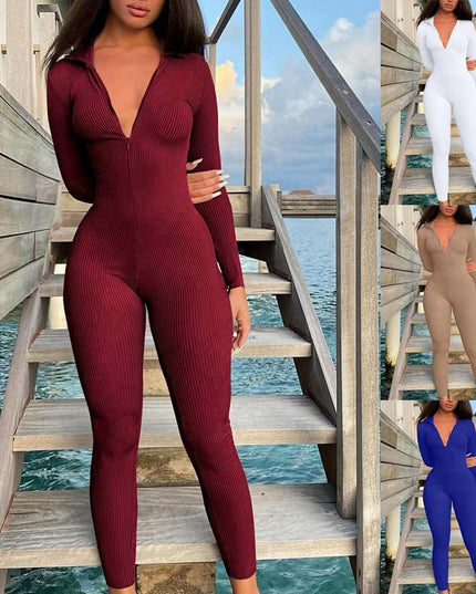 Casual Ribbed Zip-up Jumpsuit Long Sleeves