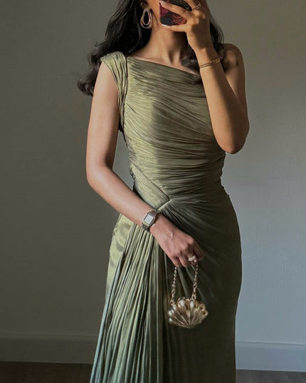Pleated Ribbon Shiny Evening Dress