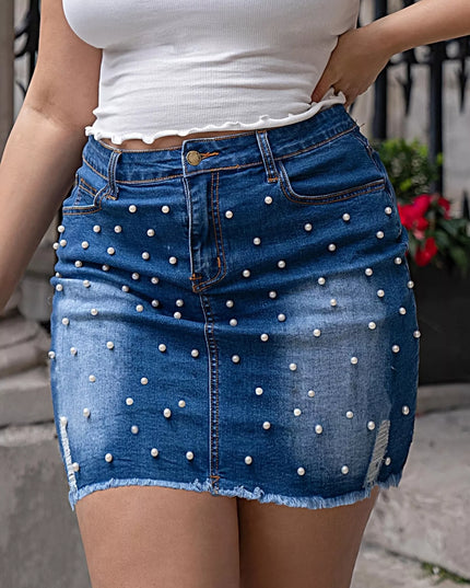 Plus Size Pearl Embellished Denim Skirt See size chart under “more details”