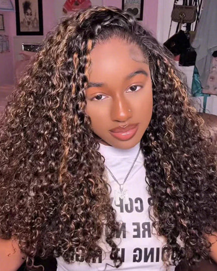 Highlight Brown Water Wave Drawstring Wig Invisible Hairline Drawstrings Wig junoda