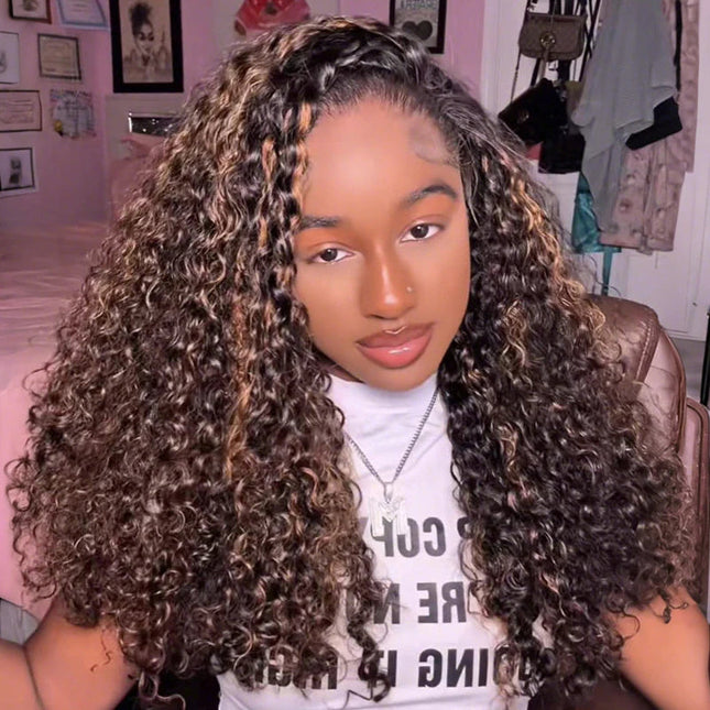 Highlight Brown Water Wave Drawstring Wig Invisible Hairline Drawstrings Wig junoda