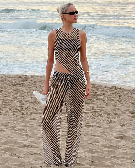 Women's Sleeveless Diagonal Stripes See-through Irregular Top Suit