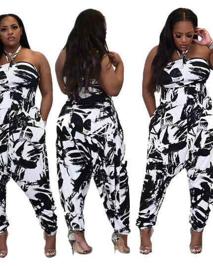 Plus Size Women's Halter Loose Lantern Sleeveless Print Jumpsuit