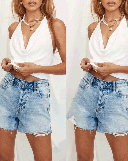 Handmade Ripped Washed Casual Mid-waist Denim Shorts For Women