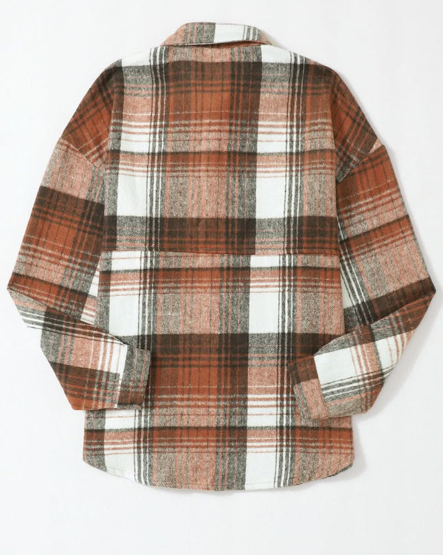 Gold Flame Grey Plaid Button Up Collared Flannel Shacket