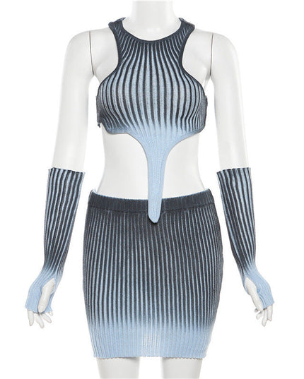 Knitted Gradient Irregular Top High Waist Skirt Set