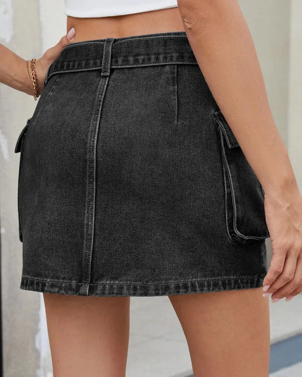 Criss-Cross Waist Pocketed Denim Mini Skirt