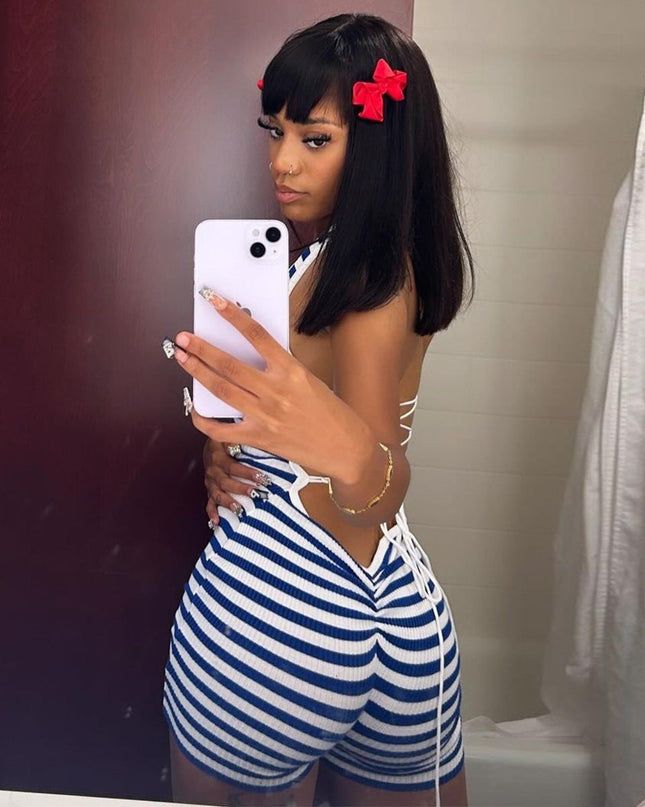 Fashion Detachable Neck Strap Slim Striped Romper