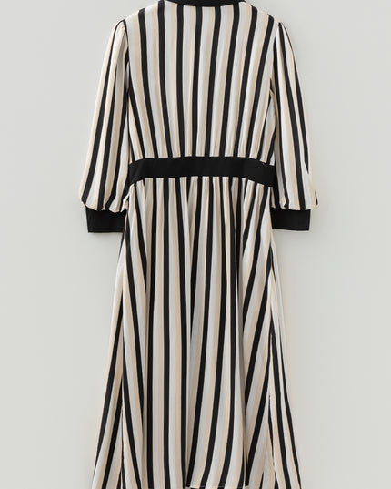 Black Stripe 3/4 Puff Sleeve Shirt Style Button Down Midi Dress
