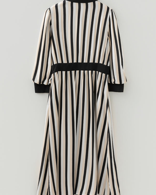 Black Stripe 3/4 Puff Sleeve Shirt Style Button Down Midi Dress