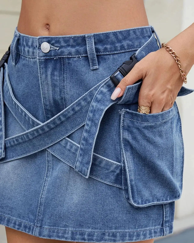 Criss-Cross Waist Pocketed Denim Mini Skirt