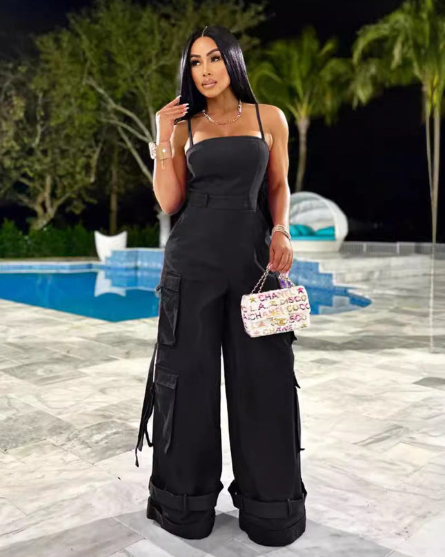 Tube Top Multi-pocket Cargo Wide Leg Jumpsuit