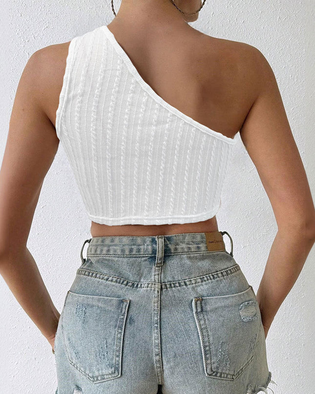 Women's Solid Color Single-shoulder Fringe Design Short Top