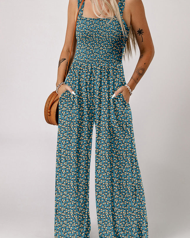Green Floral Print Smocked High Waist Square Neck Jumpsuit