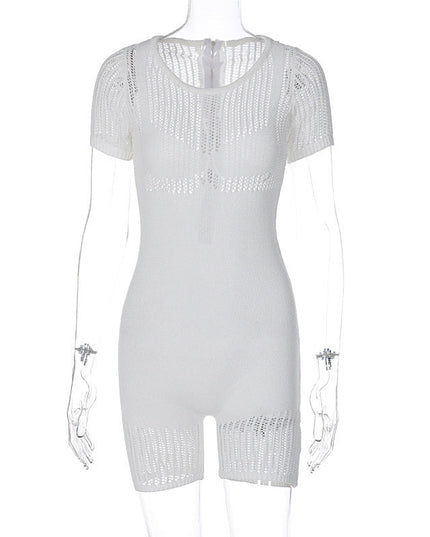 Women's Zipper Hollow-out Tight Hip Lifting Knitted Short Romper