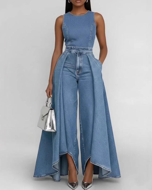 Women’s Crew Neck Sleeveless Wide-Leg Denim Jumpsuit FitiqueFit