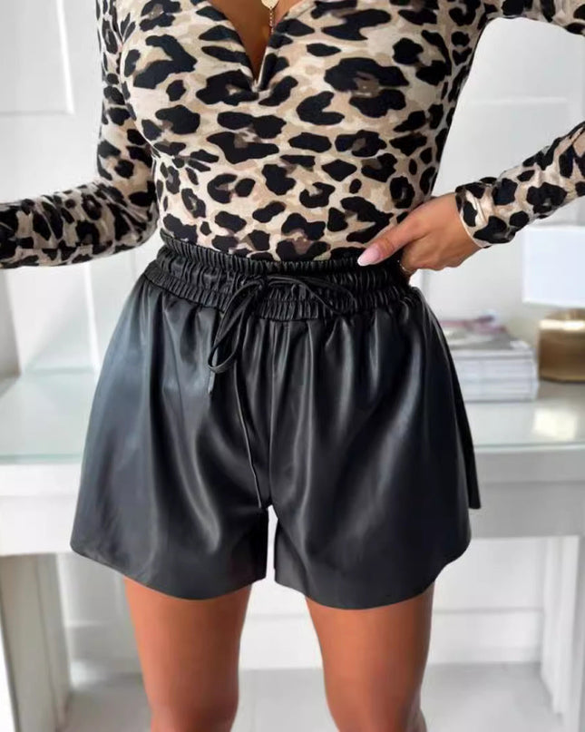 Drawstring Lace PU Leather Wide-leg Casual Pants Shorts For Women