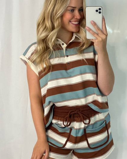 White Stripe Button Polo Collar Tee Drawstring Elastic Waist Patchwork 2pcs Short Set