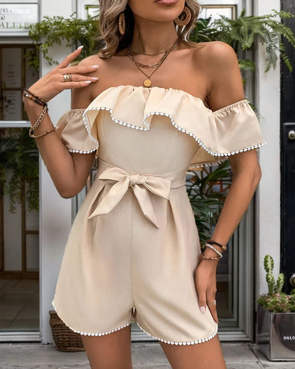 Beige Ruffled Off-Shoulder Romper: Pretty Melanin Boutique Summer Style