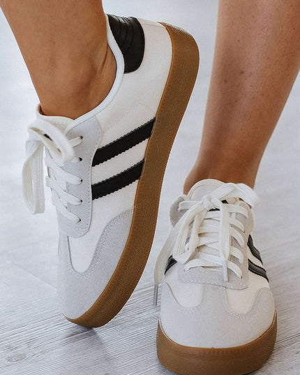 White Striped Lace Up Flat Sneakers For Everyday Comfort