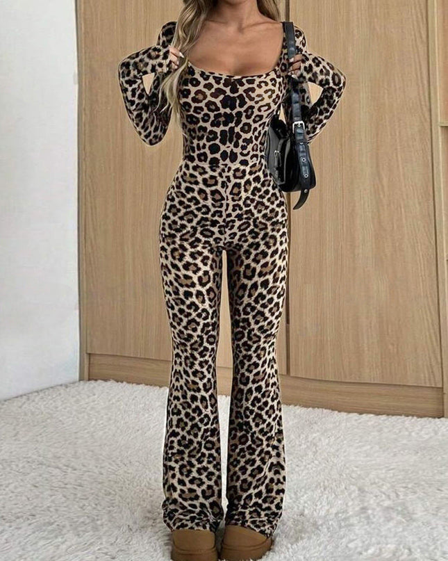 Women's Slim-fit Hip-wrapped Square Collar Leopard Print Jumpsuit